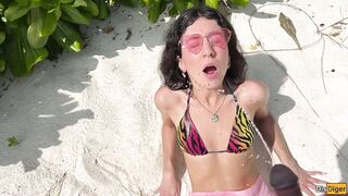 Katty pees powerfully on the beach and I give her golden shower on her face