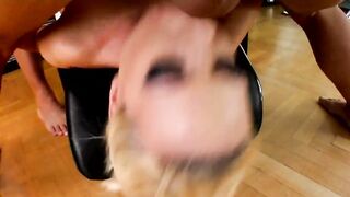 The blonde whore Yasmine Gold struggling with two big cocks