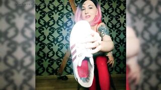 Lady Angela Bare Feet and Sneakers Red Latex Leggings Fetish Femdom