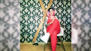 Lady Angela Bare Feet and Sneakers Red Latex Leggings Fetish Femdom