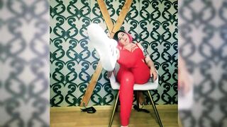 Lady Angela Bare Feet and Sneakers Red Latex Leggings Fetish Femdom