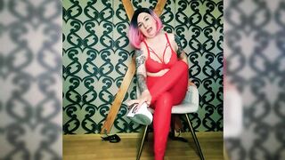 Lady Angela Bare Feet and Sneakers Red Latex Leggings Fetish Femdom