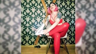 Lady Angela Bare Feet and Sneakers Red Latex Leggings Fetish Femdom