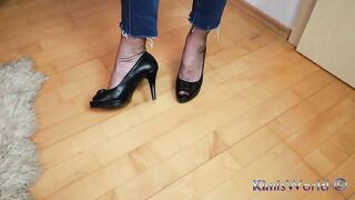 Black Nylons & Peeptoes with Blue Jeans: Dangling & Foot Tease in Size 35