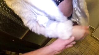Risky Outdoor & Indoor Blowjob in Stockings & White Fur Coat - Messy Cum Finish 297