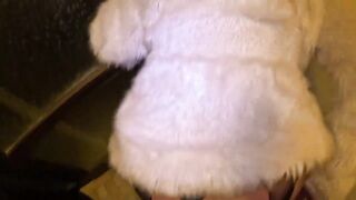 Risky Outdoor & Indoor Blowjob in Stockings & White Fur Coat - Messy Cum Finish 297