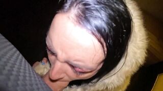 Risky Outdoor & Indoor Blowjob in Stockings & White Fur Coat - Messy Cum Finish 297